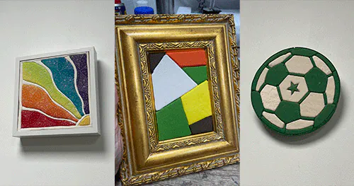 3 Kinusaiga artworks: pieces of fabric tucked into grooves cut in a board, forming a raised image.