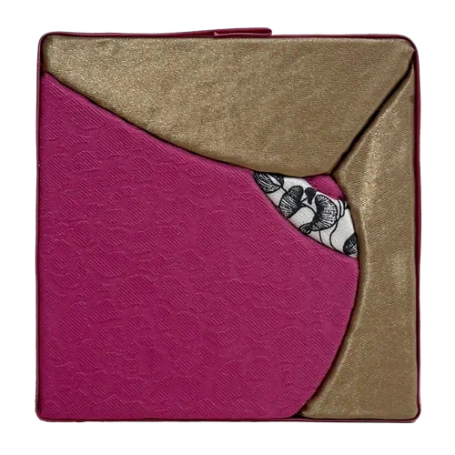 10 × 10 cm Kinusaiga textile picture of a stylised breast in a very tight frame: curve in pink damask, gold satin background, a touch of small black and white floral print, edged with pink satin bias tape.